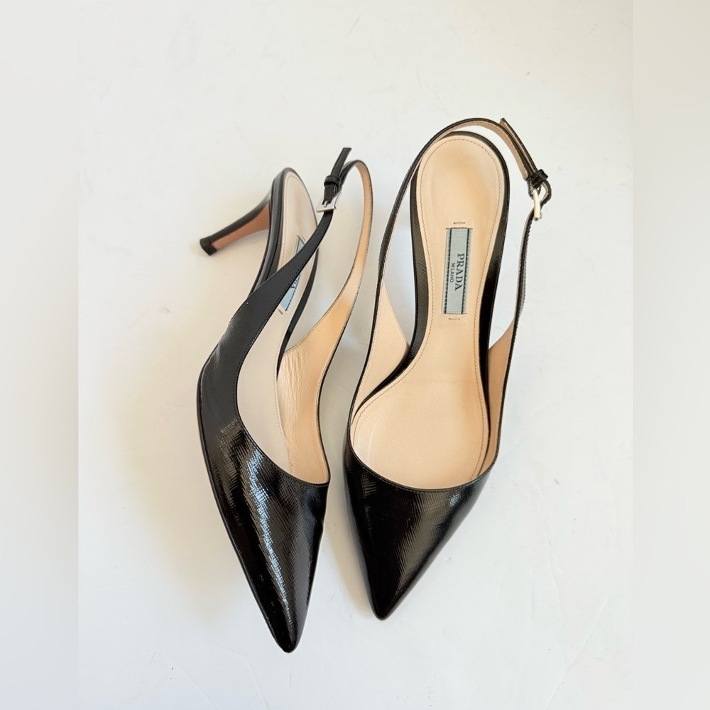 Prada Black Saffiano Patent Leather Pointed toe Slingback pumps EU 38